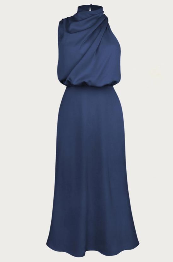 One-Shoulder Halter Formal Midi Dress (Navy)