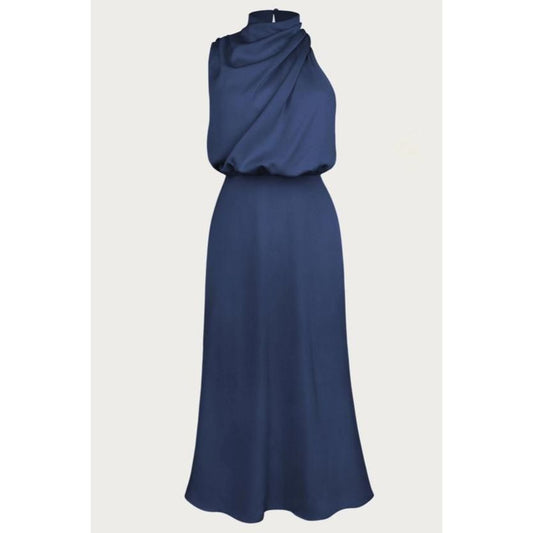One-Shoulder Halter Formal Midi Dress (Navy)