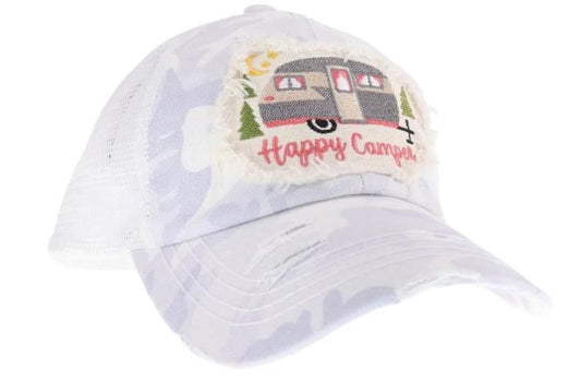 Embroidered Happy Camper Patch High Pony Criss Cross Ball Cap