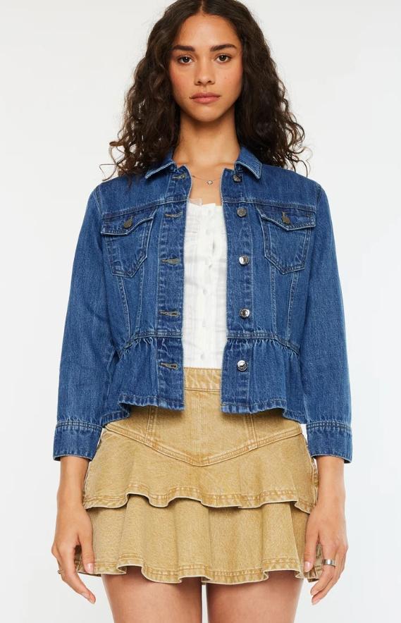 Marilou Peplum Denim Jacket – Button Down Flare Fit (Medium Wash)