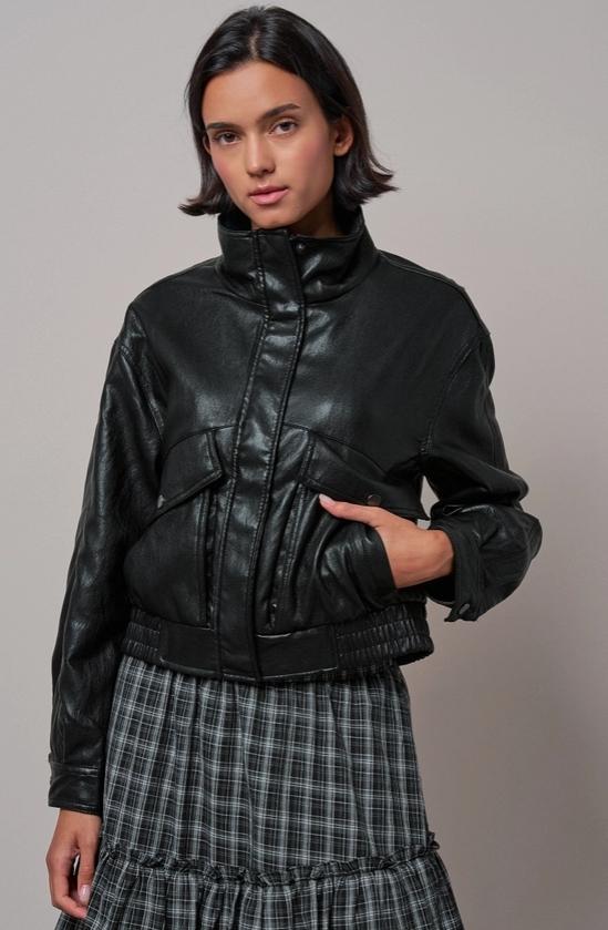 Faux Leather Bomber Jacket with Cargo Pockets (Black)