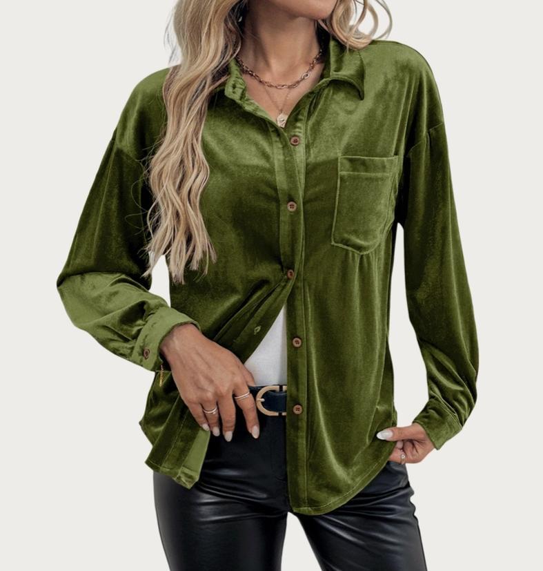 Classic Velvet Collared Long Sleeve Button-Up Shirt (Olive)