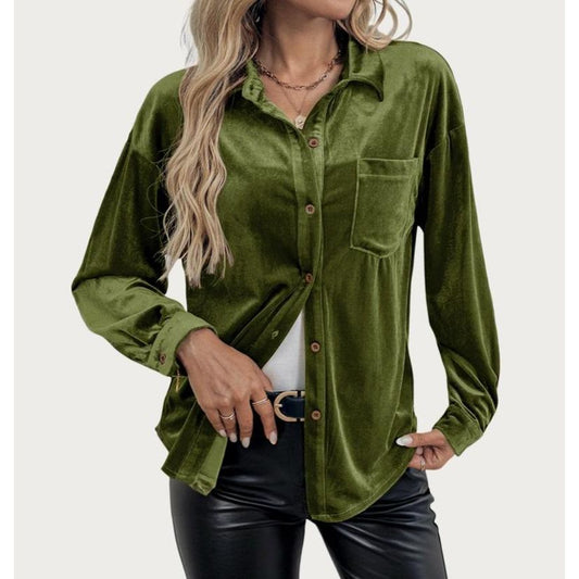 Classic Velvet Collared Long Sleeve Button-Up Shirt (Olive)
