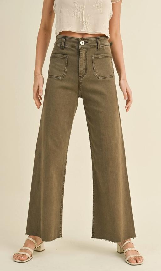 Straight Wide Leg Pants with Front Pocket (Washed Brown)