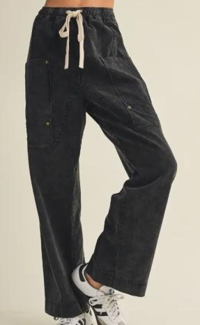 Drawstring Waist Wide Leg Utility Trouser (Washed Black)