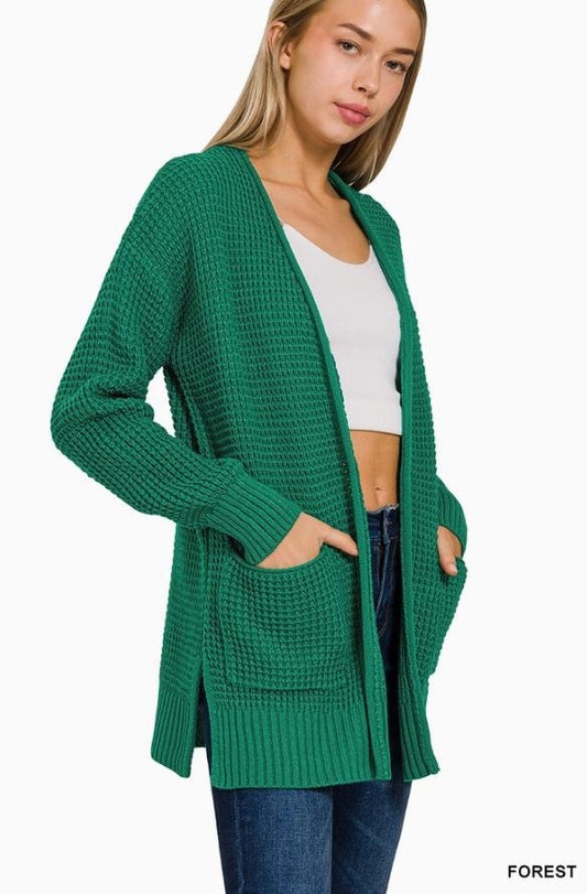 Low Gauge Waffle Open Cardigan Sweater (Forest)