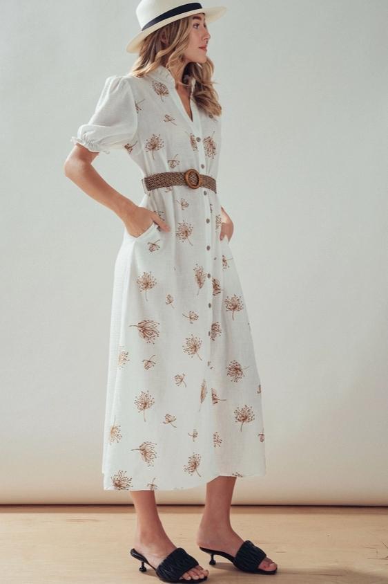 Embroidered Linen Blend Button Front Midi Dress (Ivory)