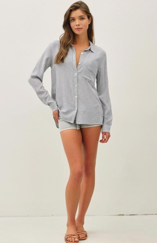 Linen Blended Stripe Boxy Shirt (Denim)