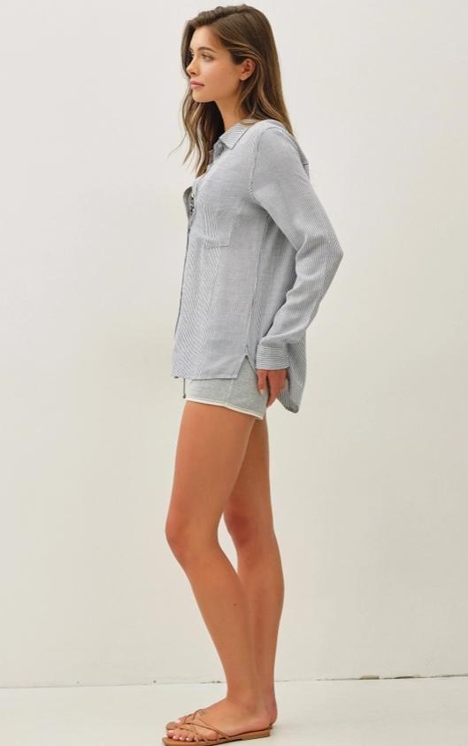 Linen Blended Stripe Boxy Shirt (Denim)