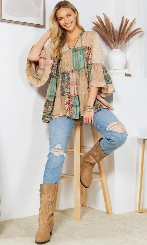 Boho Patchwork Tiered Tunic with Denim Yoke (Latte)