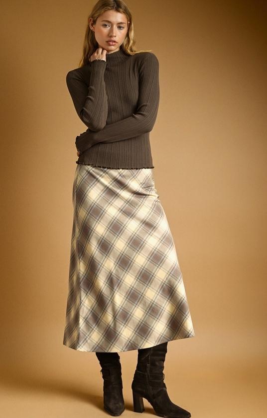 Plaid Patterned Bias Cut Midi Skirt