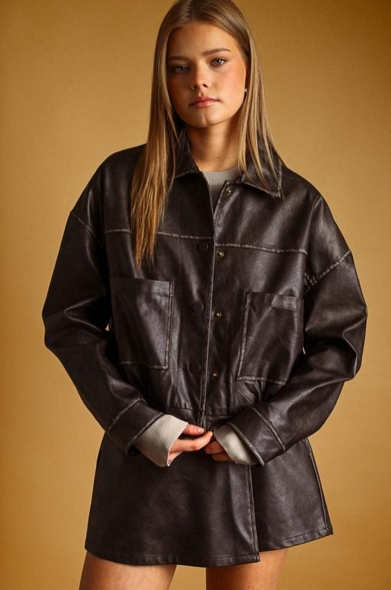 Washed Effect Button Front Pu Jacket