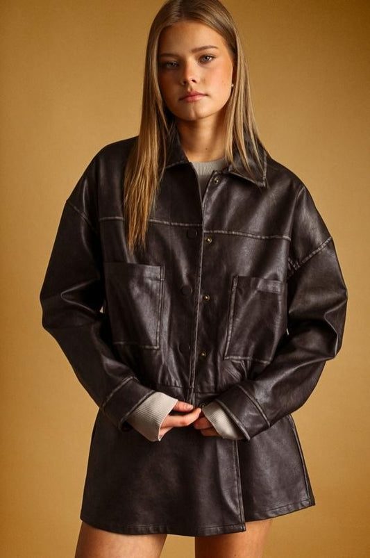 Washed Effect Button Front Pu Jacket