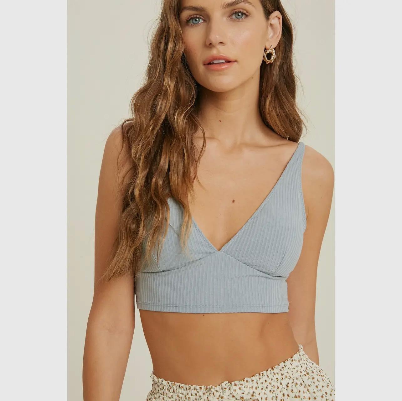 Ribbed Knit Bralette with Lace Back Detail  (M.Blue)