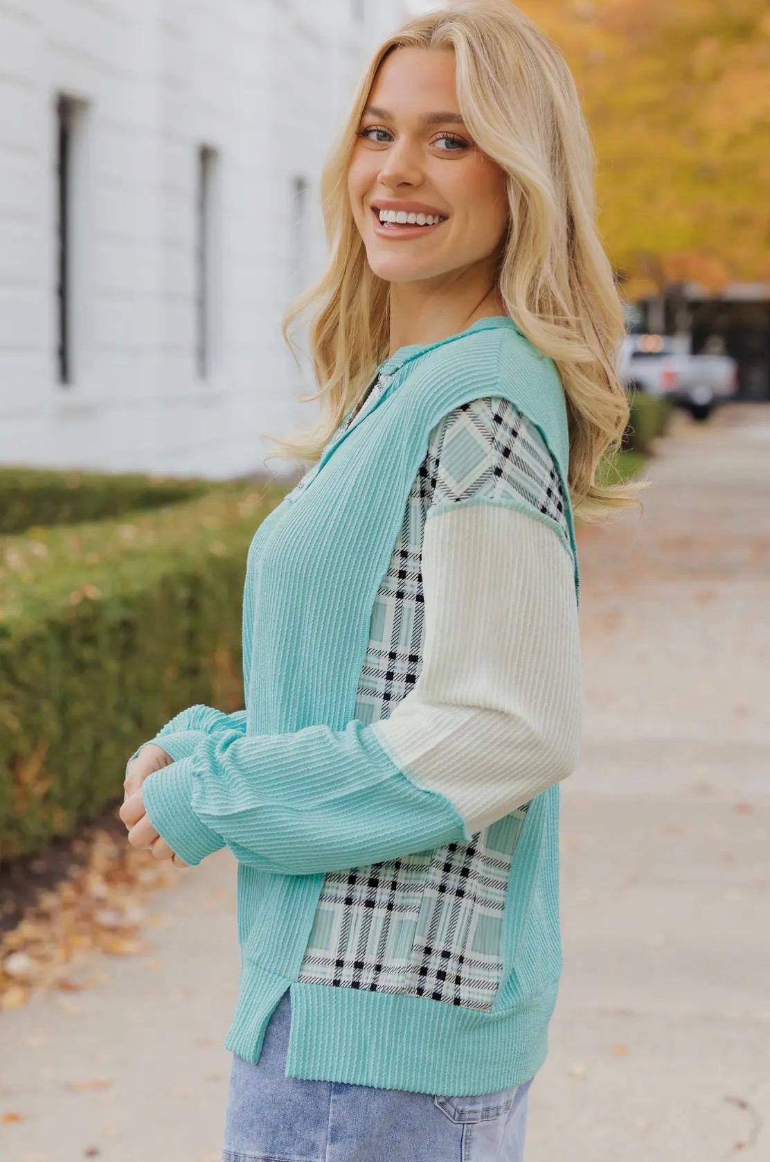 Patchwork Sleeve Blouse (Aqua)