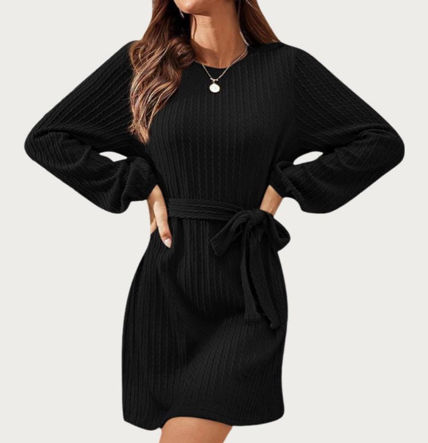 Casual and Soft Textured Long Sleeve Knit Mini Dress (Black)