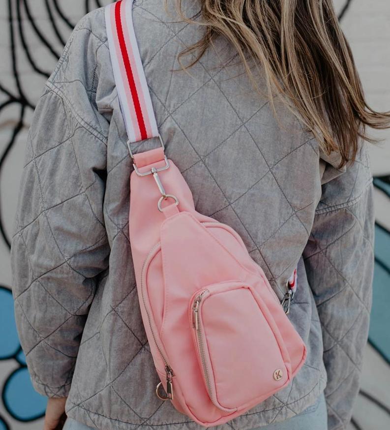 Light Pink Solid Sling Bag with Striped Strap