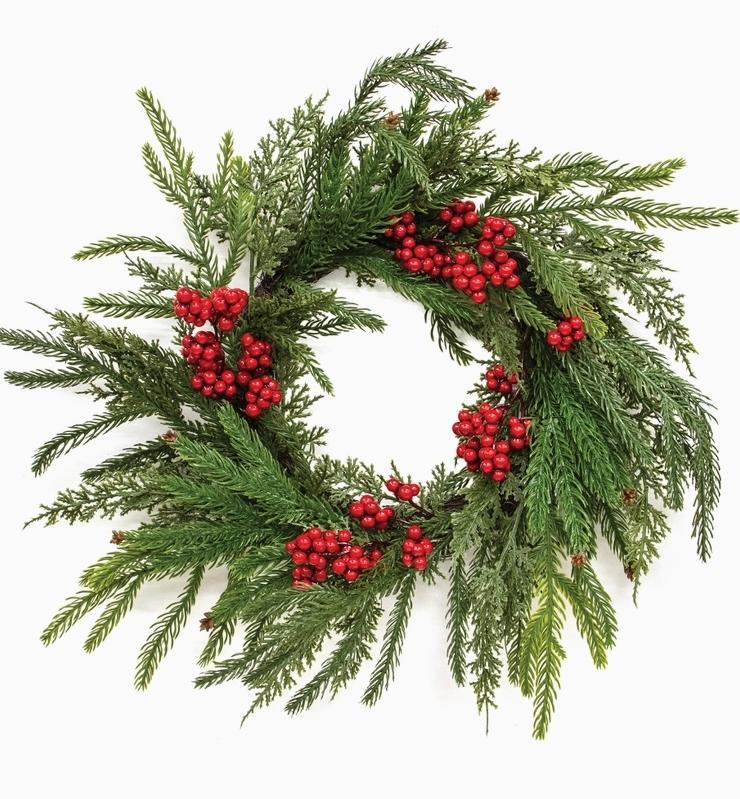 Soft Touch Mixed Pine and Berries Wreath - 20"