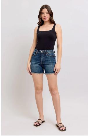 Judy Blue Tummy Control Fray Hem & Shield Back Pockets Denim Shorts