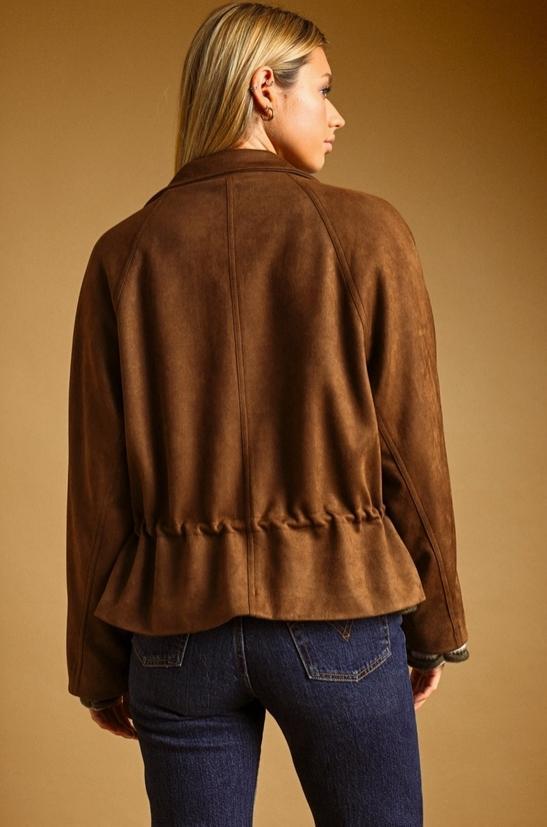 Suede Button Front High Collar Jacket (Brown)