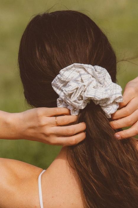 Creamy Blue Grid Jumbo Scrunchie