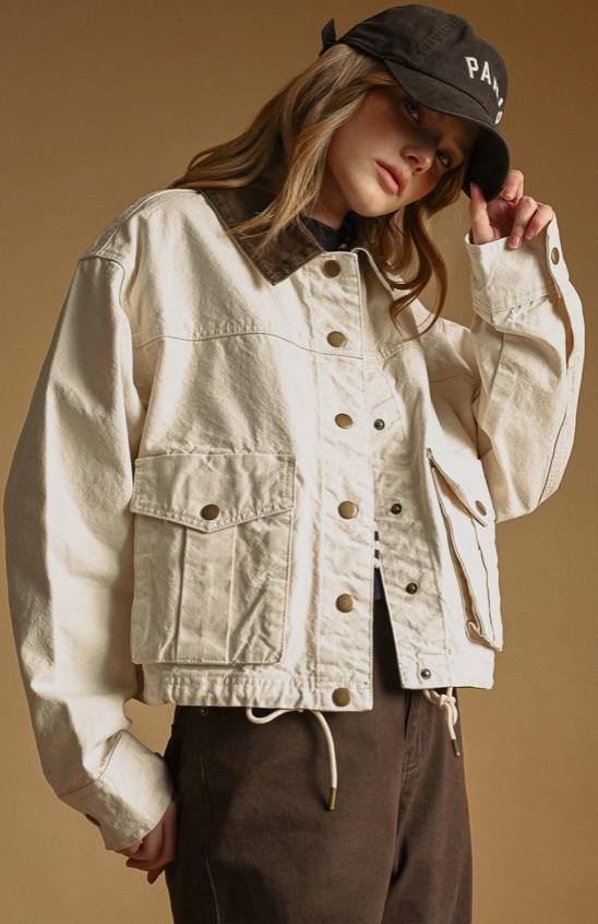 Collar Contrasted Utility Jacket (Ecru)