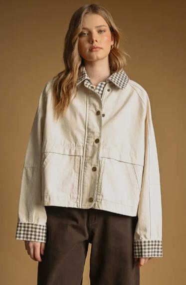 Gingham Collared Twill Jacket (Beige)
