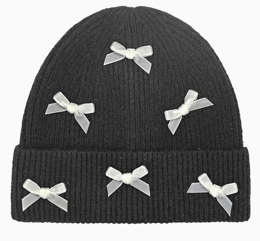 Mini Velvet Bow Cuff C.C Beanie (Black/Ivory)