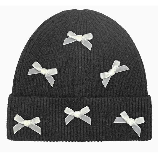 Mini Velvet Bow Cuff C.C Beanie (Black/Ivory)