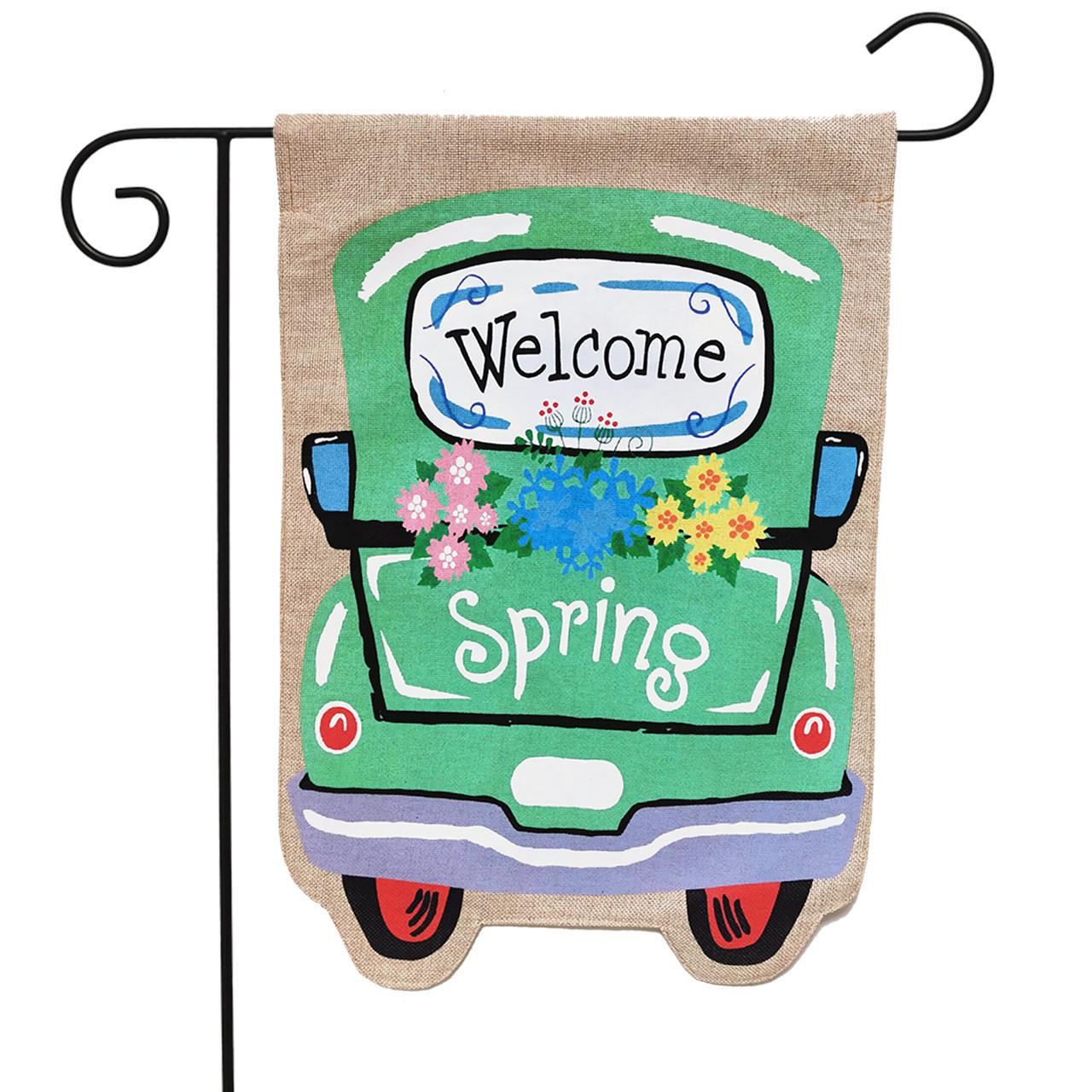Welcome Spring Truck Burlap Garden Flag