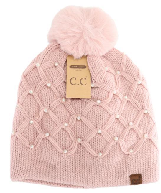 Allover Pearl Crochet C.C Faux Fur Pom Beanie