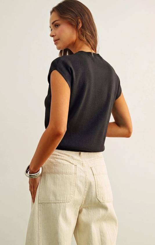Round Neck Cap Short Sleeve Knit Top (Black)