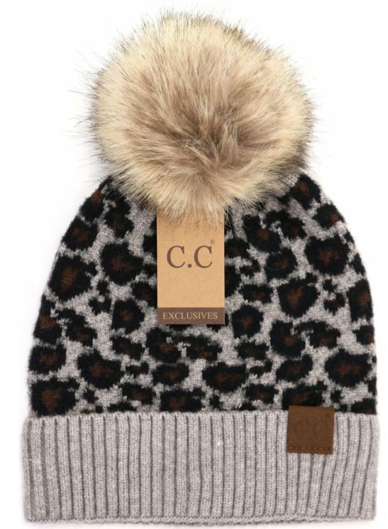 Animal Print Fur Pom CC Beanie