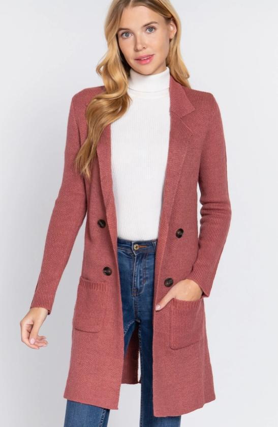 Long Sleeve Notched Collar Sweater Jacket (Strawberry Pink)