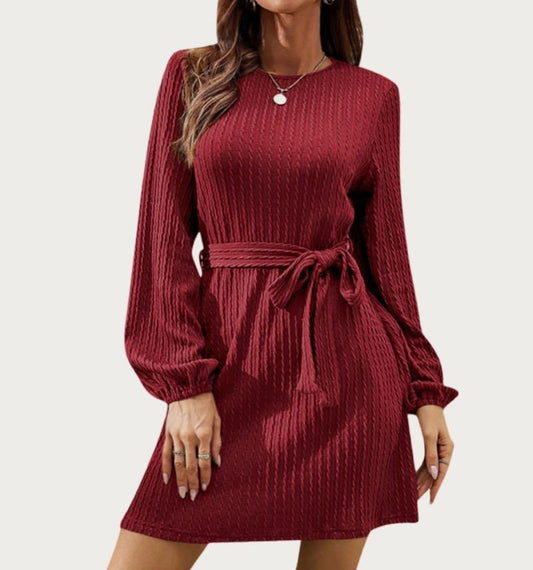 Casual and Soft Textured Long Sleeve Knit Mini Dress (Burgundy)