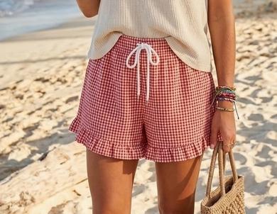 Checkered Woven Ruffle Hem Shorts (Red)
