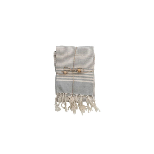 Woven Cotton Tea Towels w/ Stripes, Jute & Wood Bead Tie, 3 Styles, Set of 3