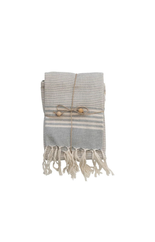 Woven Cotton Tea Towels w/ Stripes, Jute & Wood Bead Tie, 3 Styles, Set of 3