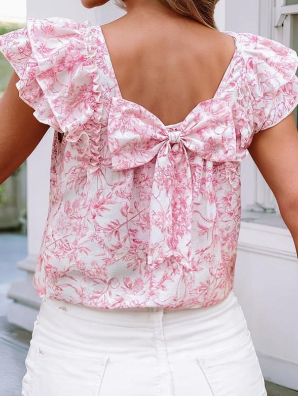 Floral Ruffled Short Sleeve Square Neck Bow Back Blouse (Pink)