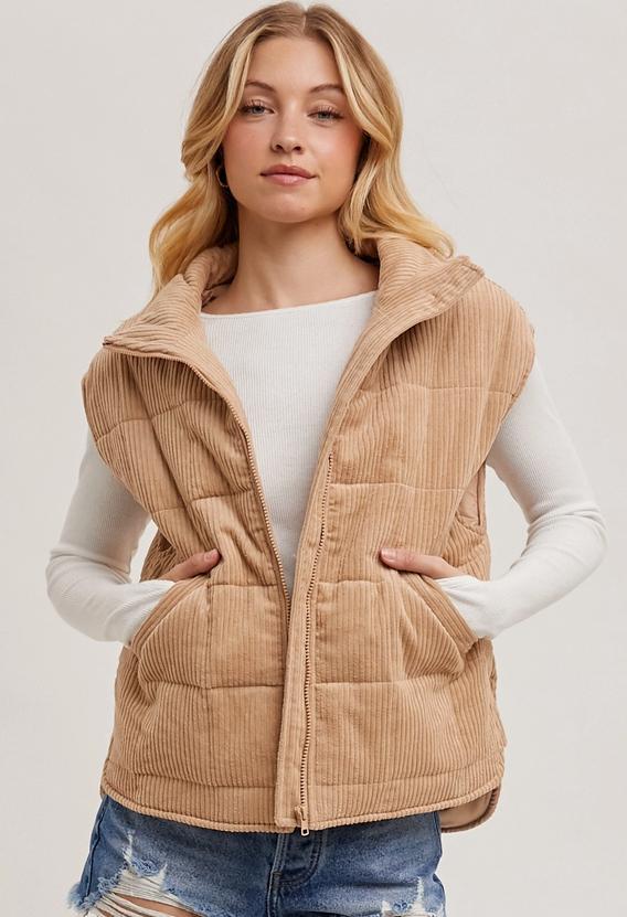 Corduroy Quilted Puffer Vest (Latte)