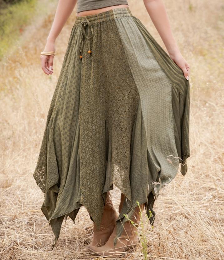 Boho Handkerchief Hem Patchwork Maxi Skirt (Gravel)