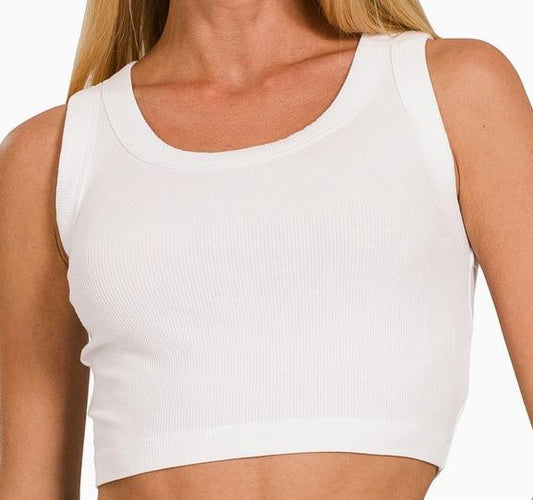 Ribbed Scoop Neck Cropped Tank Top (Off White)