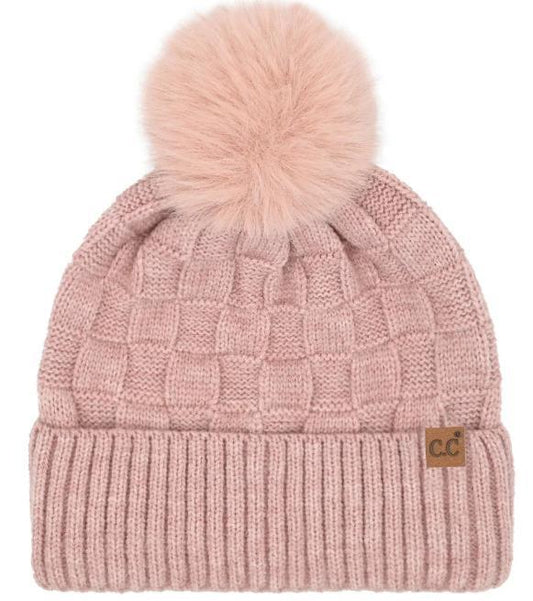 Woven Checkered Texture Pom C.C Beanie