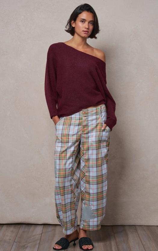 Dolman Sleeve Boat Neck Knit Sweater (Burgundy)
