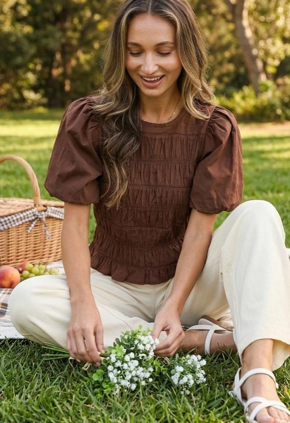 Elasticized Smocked & Trim Accent (Brown)