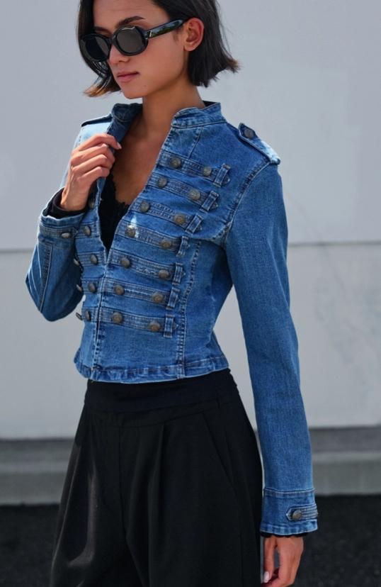 Military Double-Button Denim Jean Jacket (Blue)