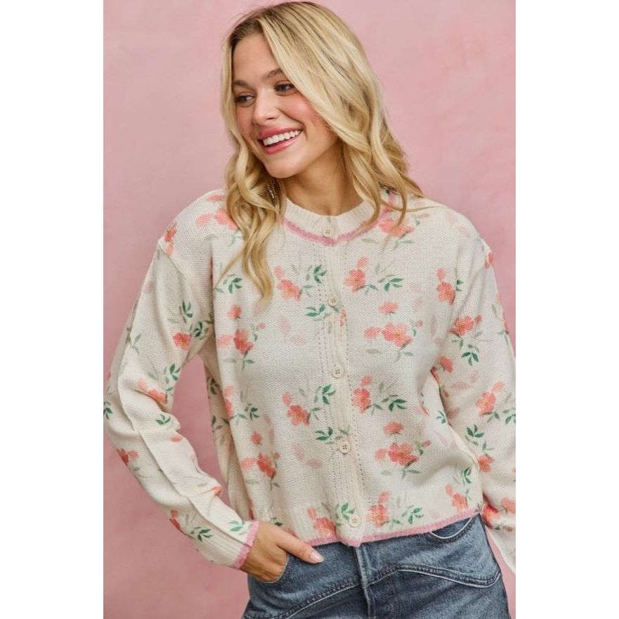 Floral Sweater Cardigan with Contrast Color (Cream Multi)