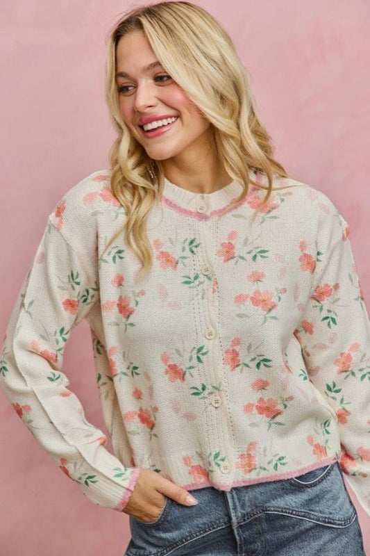 Floral Sweater Cardigan with Contrast Color (Cream Multi)
