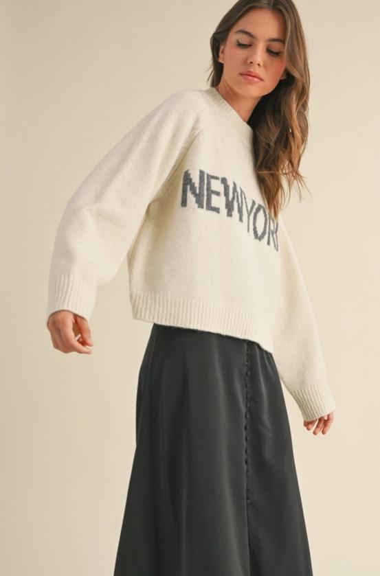 New York Letter Front Sweater Top (Cream)