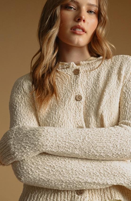 Button Front Sweater Knit Cardigan (Beige)